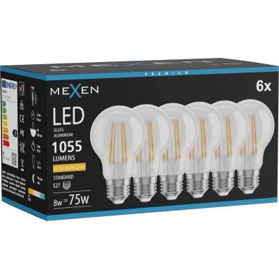 Mexen Vintis 6x LED филамент крушка E27, A60, 8W, Топла - 2200K, 1055 lm, прозрачен (L150-E27-0822-00x06)
