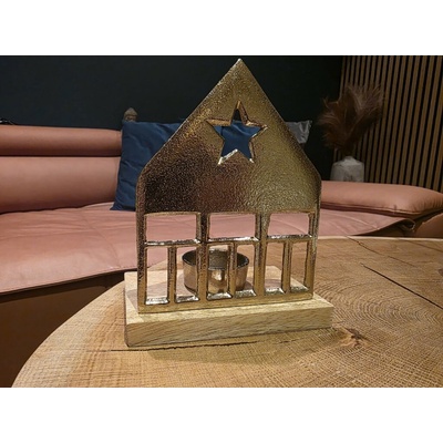 Svícen domek hliník a dřevo zlatý | na čajovou svíčku 130×80×190 / 150×80×160 mm Velikost: s jedním oknem