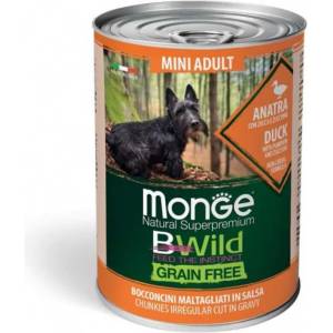 Monge BWILD Grain Free Mini Adult Duck хапки в сос с патешко, тиква и тиквички, без зърнени храни - за мини породи 400gr