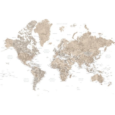 Plagát, Obraz - Neutral watercolor detailed world map with cities, Abey, Blursbyai, 40 × 26.7 cm