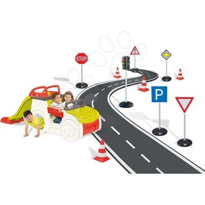 Set detská preliezačka Adventure Car Smoby so šmykľavkou dlhou 150 cm, semafor, dopravné značky a cestné kužele