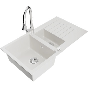 Mexen Matias гранитна мивка 1, 5 камери с отцедник и кухненски смесител Elia, бял - 6502-20-670101-00 (6502-20-670101-00)