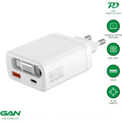 4smart Захранване за ел. мрежа с USB-A и USB-C изходи и вграден USB-C кабел - 4smarts Jojo PDPlug Slim GaN Wall Charger 65W (бял) (541839)