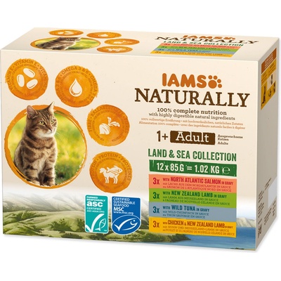 IAMS Naturally mořské a suchozemské maso v omáčce 12 x 85 g