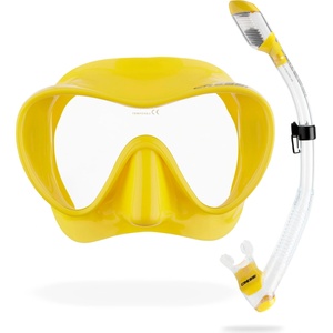 CRESSI Frameless Diving Mask F1 - Fog-free Glass Lens, Diving Goggles - Ergonomic Silicone Rim, Snorkel Mask - Dry Snorkel & Snorkel Set - Clear/Yellow - Combo Set - YDS281010 (YDS281010)