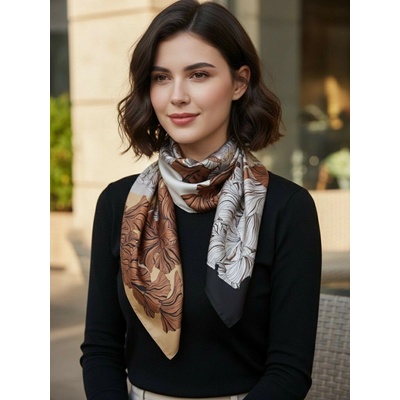 Classic Scarf Šátek v zemitých tónech hnědé béžové smetanové s květy – Zbozi.Blesk.cz