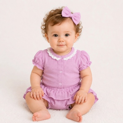Baby Nellys 3-dielna mušelínová súpravička body kraťasky čelenka GIRL lila