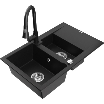 Mexen Gaspar гранитна мивка с 1, 5 камери с отцеждаща дъска и кухненски смесител Elia, черен - 6507-77-670101-70 (6507-77-670101-70)