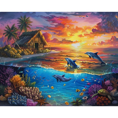 ZUTY Obrazy na stenu - ZÁPAD SLNKA, DELFÍNY, KORYTNAČKY a TROPICKÁ CHATA Rámovanie: bez rámu a bez vypnutia plátna, Rozmer: 40x50 cm
