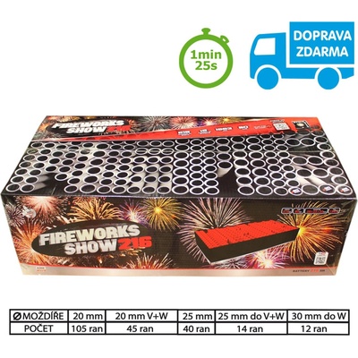 Složený ohňostroj 216 ran 20 mm 25 mm 30 mm
