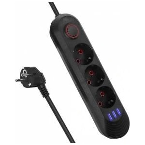Maclean power strip, extension cord 3 outlets + 3xUSB, 110-240V AC 50/60Hz, 2.1A max 2500W, 1.5m, black, MCE394 B