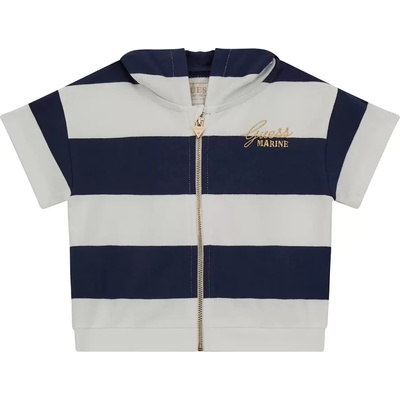 GUESS Спортна горничка с къс ръкав и цип в синьо и бяло райе за мини момиче Guess със златист надпис