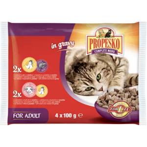 Partner in Pet Food Propesko паучове за котка, хапки месо, 2 бр пиле и дробчета и 2 бр агне и пиле - 4 х 100 гр - 40081