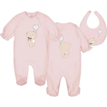 Mayoral Комплект гащеризон дълъг и лигавник в цвят розово за новородено момиче с мече Mayoral