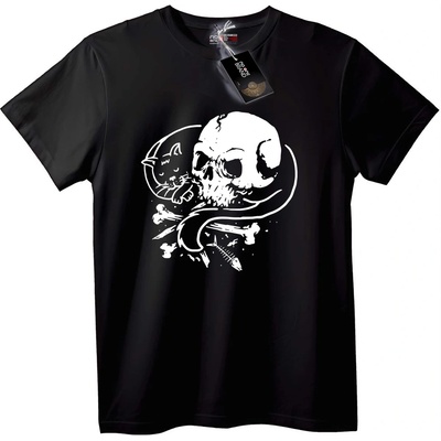 NOONEBRAND Тениска Череп и Котка Черна - XS, Black