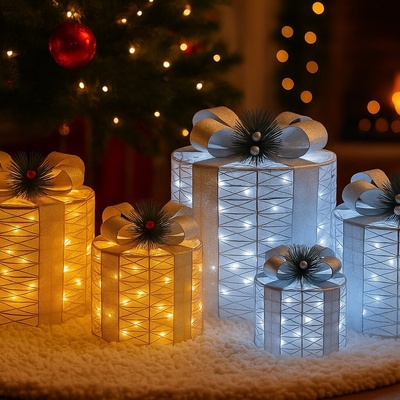 Venkovní LED oválné svítící dárky - sada 3 ks XL/L/M, 120 LED, IP44 - vánoční dekorace pod stromeček Stříbrná a bílé studené světlo – Hledejceny.cz