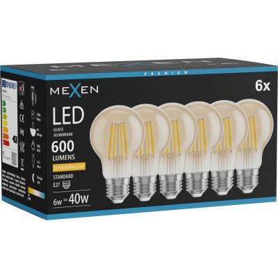 Mexen Vintis 6x LED филаментна крушка E27, A60, 6W, Топла - 2200K, 600 lm, кехлибар (L150-E27-0622-50x06)