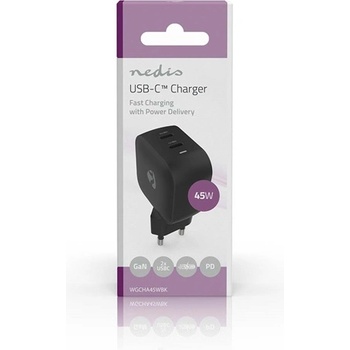 Nedis Зарядно устройство Nedis WGCHA45WBK 45 W | GaN | PD3.0, функция за бързо зареждане, 2, 25 / 3, 0 A, 2x USB-C, автоматичен избор на напрежение (WGCHA45WBK)