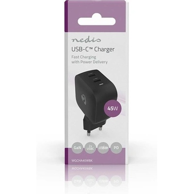 Nedis Зарядно устройство Nedis WGCHA45WBK 45 W | GaN | PD3.0, функция за бързо зареждане, 2, 25 / 3, 0 A, 2x USB-C, автоматичен избор на напрежение (WGCHA45WBK)