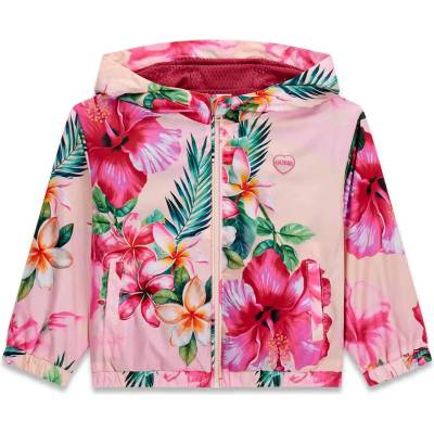 GUESS Яке ветровка за мини момиче с цип и качулка в розово с цветя Guess