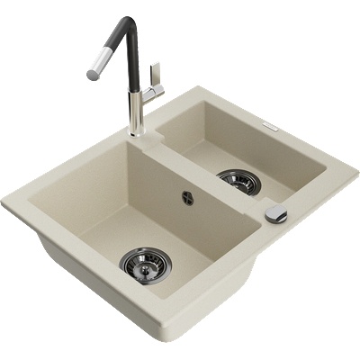 Mexen Carlos гранитна мивка с 1, 5 камери с кухненски смесител Flora, бежов - 6518-69-670401-07-B (6518-69-670401-07-B)
