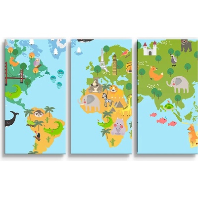 Sablio Obraz - 3-dílný Zvířecí mapa světa - 120x80 cm Varianta: Sablio Obraz - 3-dílný Zvířecí mapa světa - 120x80 cm