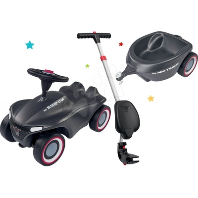 BIG Set Bobby Car Neo Anthrazit zvukové s měnitelnými barevnými ráfky s oválným přívěsem a vodicí tyč s ergonomickou opěrkou
