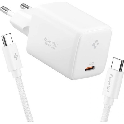 Spigen Захранване за ел. мрежа с USB-C изход с технология за бързо зареждане и USB-C към USB-C кабел - Spigen Essential GaN Fast Wall Charger 45W With USB-C Cable (бял) (ACH09473)