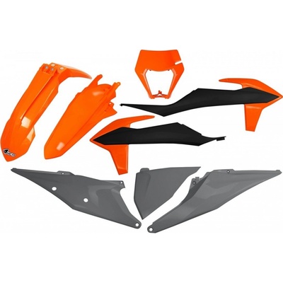 UFO kompletní sada plastů KTM EXC 125 '20-'21, EXC 250 / 300 TPI '20-'23, EXC-F 250 / 350 / 450 / 500 '20-'23 s krytem světla barva OEM '21 (oranžová/černá/šedá)