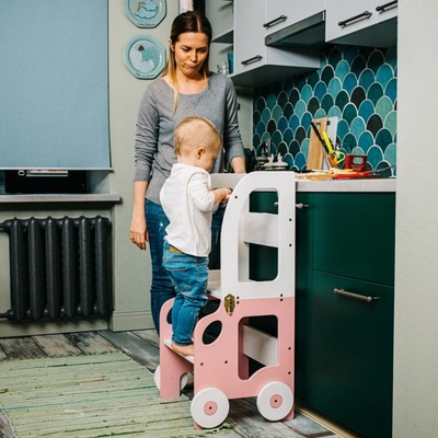 Family scl Montessori učící věž s motivem auta 3v1 Bílá Růžová
