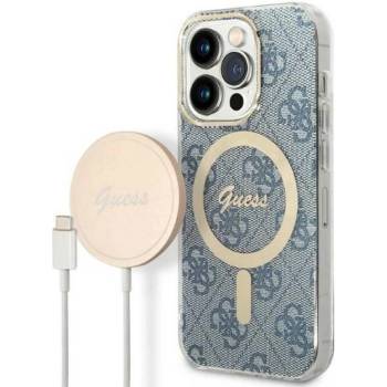 GUESS Гръб Guess 4G MagSafe Compatible Case + Зарядно Wireless Charger за iPhone 14 Prо - Син (3666339102982)