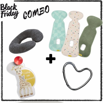 BF Combo: Dooky Original: 2 в 1 Възглавница за път + Софи жирафчето светещ знак "Baby on Board" + Dooky Original: Кукa за количка в цвят по избор + Air Layer Подложка против изпотяване по избор (DK-128100+DK-126970+S470213)