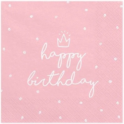 Partydeco ubrousky 3V Happy Birthday růžové 33x33cm 20ks