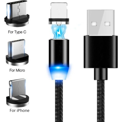 LED Magnetic nabíjecí kabel 3in1 s vyměnitelnými konektory Lightning, USB C a Micro USB, 1m/2m Délka: 1m