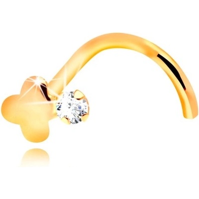 Šperky Eshop zahnutý piercing do nosu žluté zlato čirý zirkon a lesklý křížek S2GG206.09