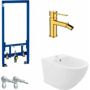 GROHE Комплект монтажна рамка Grohe Rapid SL, бяло стенно биде Rea Carlo и златен смесител за биде Invena Glamour (38553001+5902557330355+BB-02-009-V+3855800M)