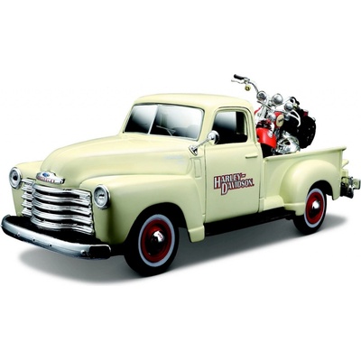MaistoHD Chevrolet 3100 PickUp 1950 + FLSTS Heritage Springer 2001 béžová:bar oranžová 1:25