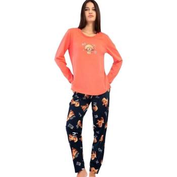 Дамска пижама в коралово и тъмносиньо с кученца