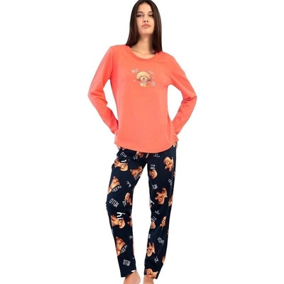 Дамска пижама в коралово и тъмносиньо с кученца