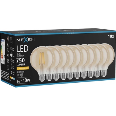 Mexen Vintis 10x LED филамент крушка E27, G95, 8W, Топла - 2200K, 750 lm, амбър - L157-E27-0822-50x10 (L157-E27-0822-50x10)