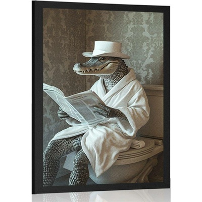 Plakát krokodýl s novinami na záchodě - 20x30 silver