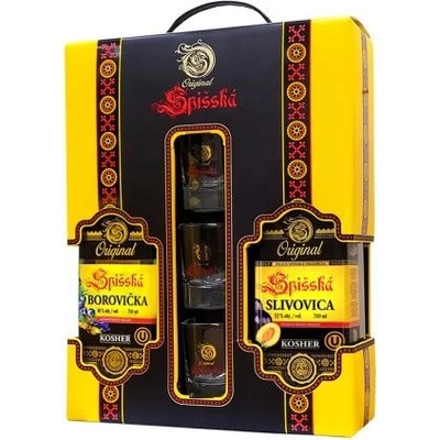 Familia Spišská sada Borovička 40% + 52% 2 x 0,7 l (darčekové balenie 3 poháre)