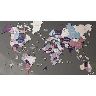 Nástěnná kvalitní 3D mapa světa ze dřeva - PASTEL 200 x 120 cm