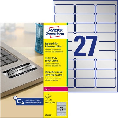 Avery Zweckform L6011-8 Velmi odolné PET etikety 63,5x29,6mm 216 ks stříbrná