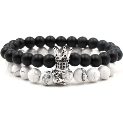 Budnej náramky pro páry KING and QUEEN CROWN z howlitu a onyxu MN3007