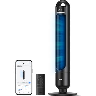 DREO Smart tower fan for the bedroom, quiet pedestal fan with 28 dB, air range up to 8.8 m, 4 levels & 3 modes, 8 hour timer, app, Alexa & Google, 90° oscillation, for home/office - DR-HTF017S