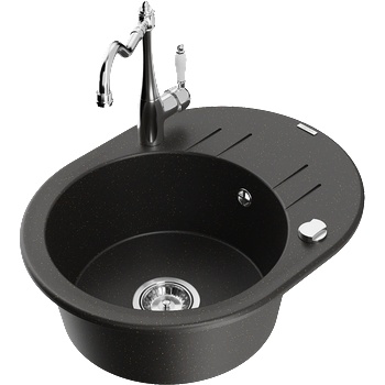 Mexen Kevin гранитна мивка с 1 камера с отцедник и кухненски смесител Carla, черно/златист металик - 6517-75-670700-00 (6517-75-670700-00)