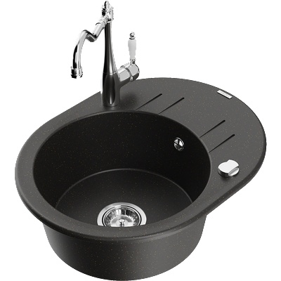 Mexen Kevin гранитна мивка с 1 камера с отцедник и кухненски смесител Carla, черно/златист металик - 6517-75-670700-00 (6517-75-670700-00)