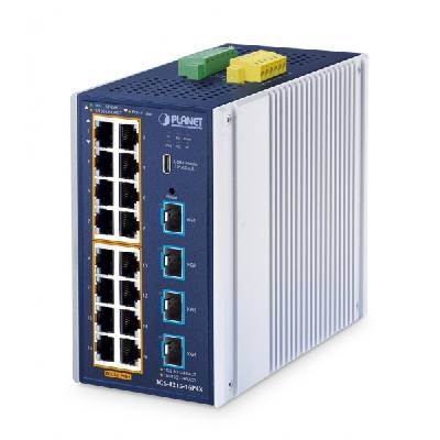 ndustrial L2+ 16-Port 10/100/1000T 802.3at PoE + 4-Port 10G SFP+ Managed Ethernet Switch Управляем L2+ Gigabit Ethernet (10/100/1000) Захранване по Ethernet (PoE) Алуминий, Син (IGS-4215-16P4X)