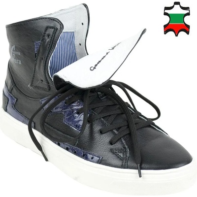 Български обувки Дамски високи кецове от естествена кожа в черно с лилави кръпки и широк език